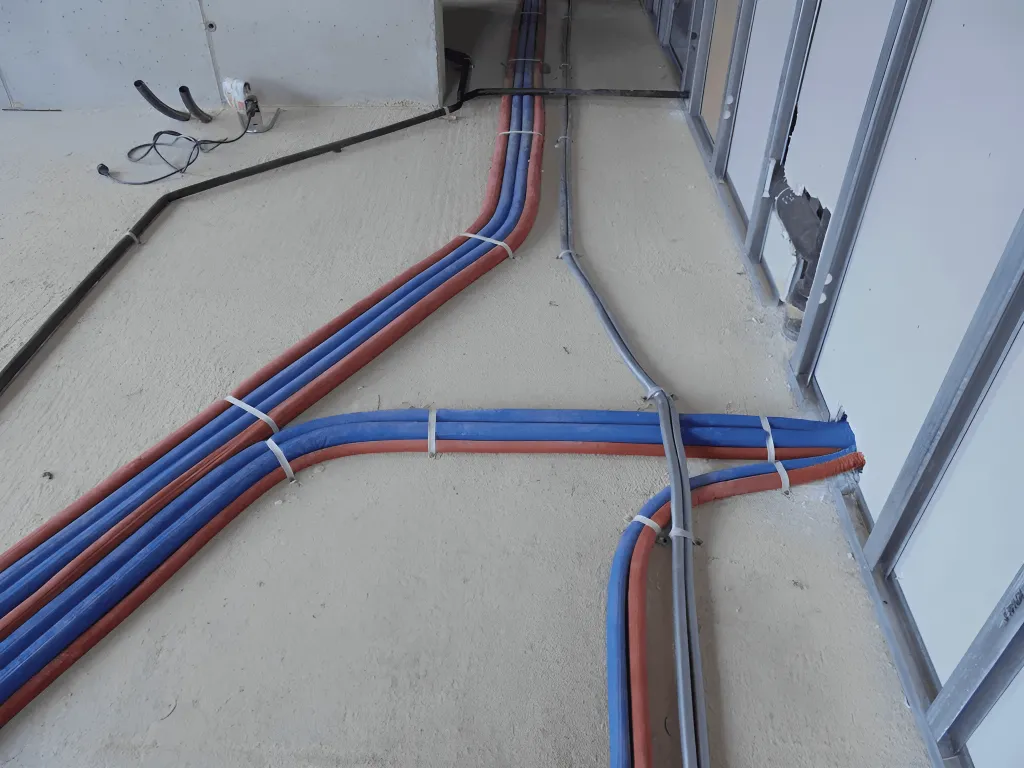 Condutture elettriche e idrauliche installate nel pavimento di un nuovo edificio. I tubi blu e rossi sono raggruppati e fissati.