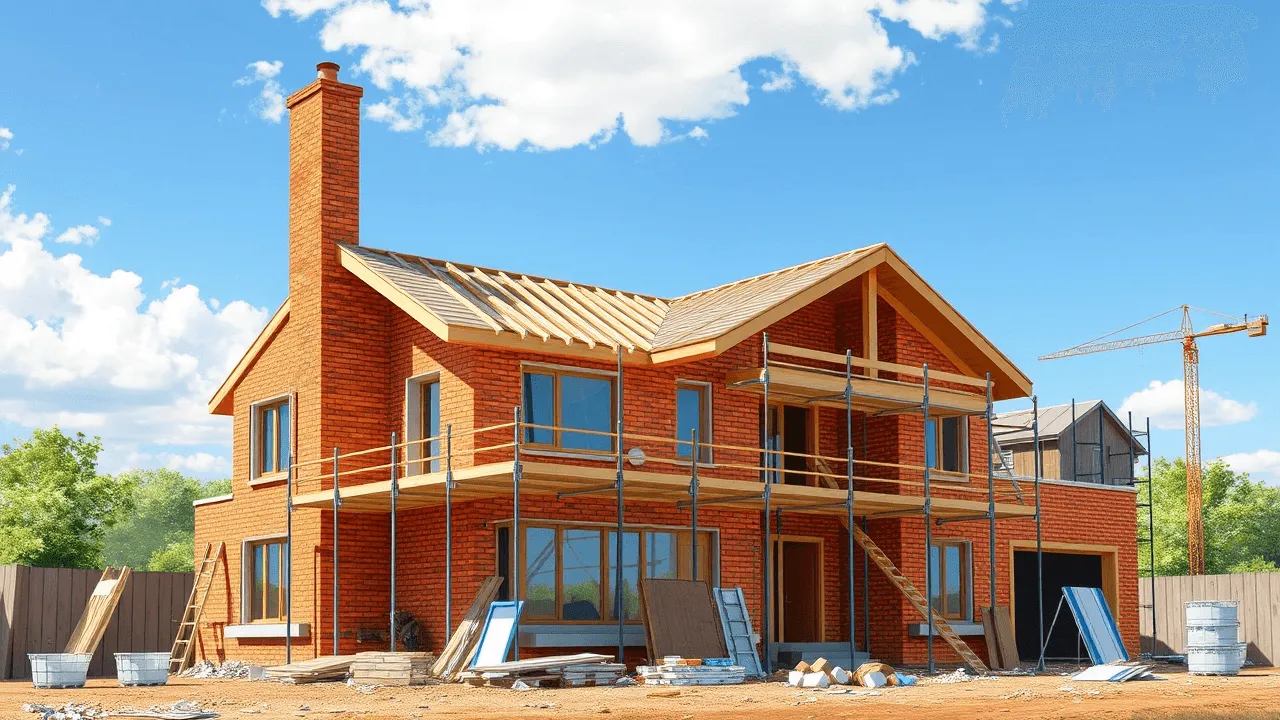 Nuova costruzione di una casa: casa in mattoni in costruzione con impalcature e materiali da costruzione.