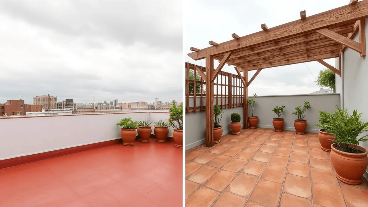Prima e dopo la ristrutturazione della terrazza sul tetto: piastrelle in terracotta, pergolato in legno, piante in vaso.