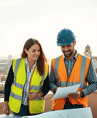 Tre professionisti edili esaminano i progetti su un tetto con vista su Roma. EDIL LUC Restauri e Lavori Edili ROMA